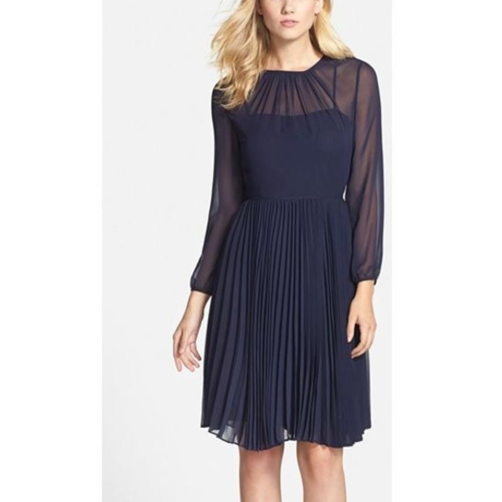 Eliza J Blue Pleated Chiffon Fit & Flare Dress